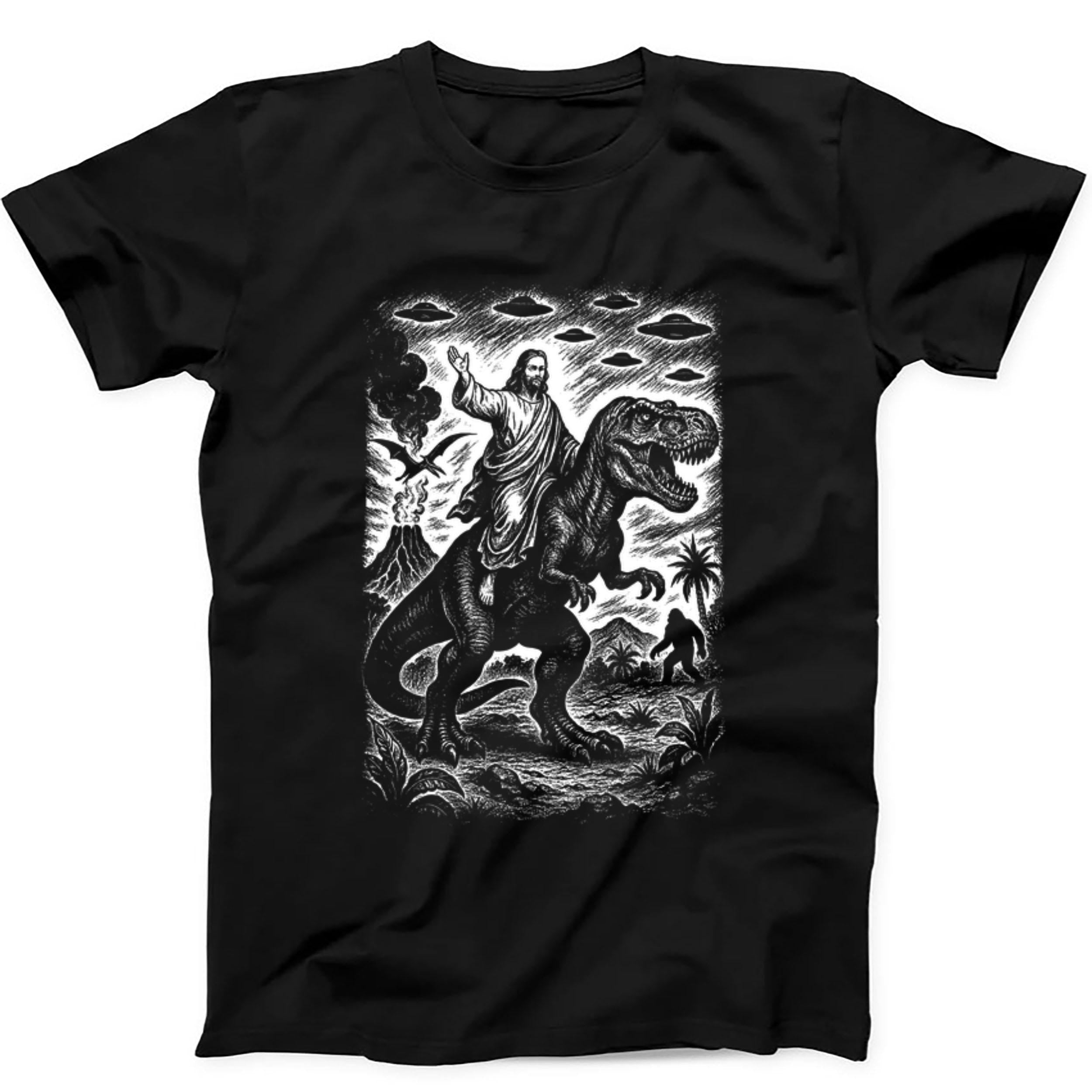 Jesus Riding Dinosaur UFO Bigfoot Volcano Sketch Weird Humorous Hilarious Witty Funny Music Black Gift Tee T Shirt 440
