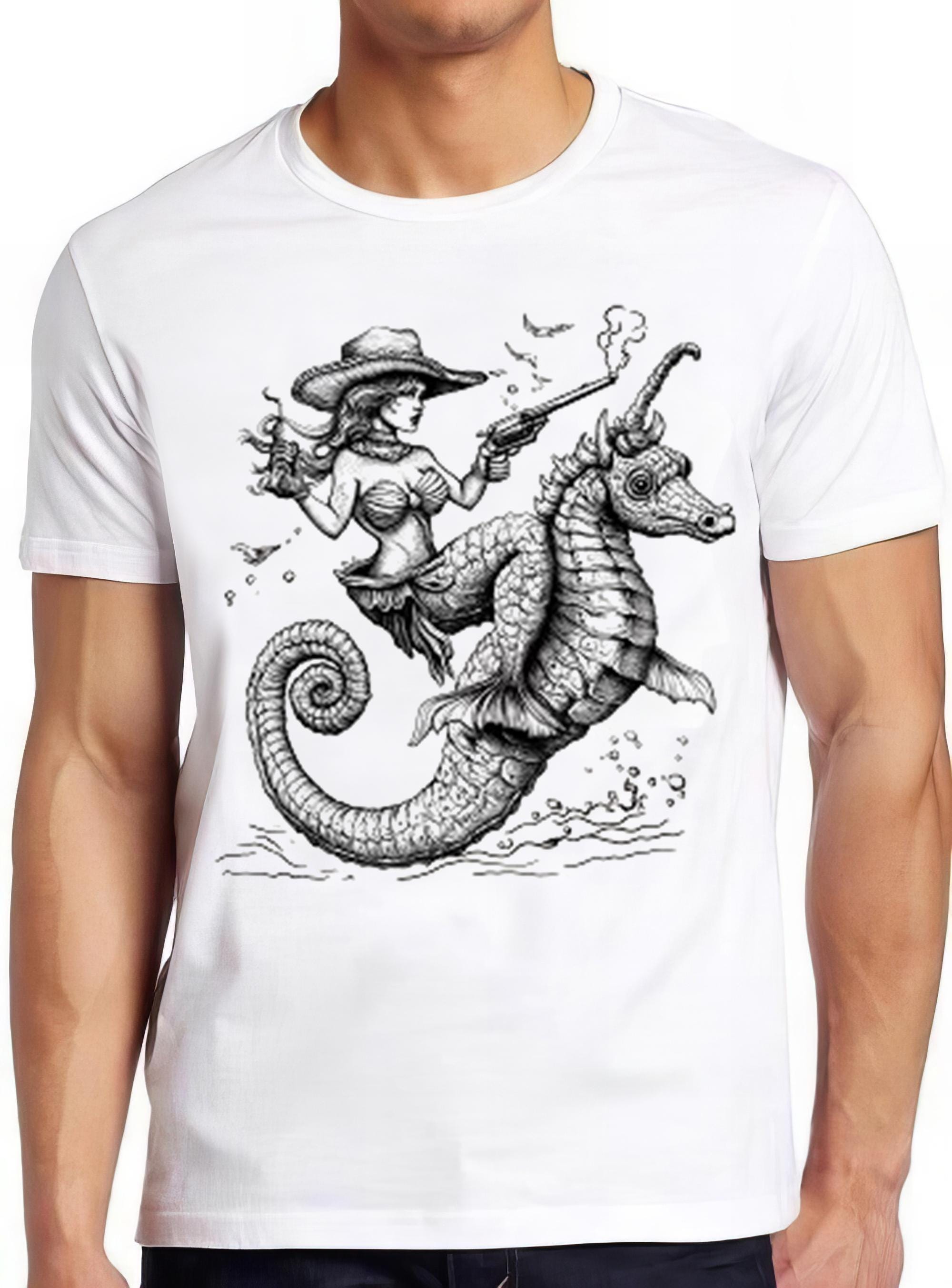Mermaid Cowgirl Seahorse Western Southwest Theme Unique Weird Humorous Hilarious Witty Funny Music Gift Tee T Shirt 2480