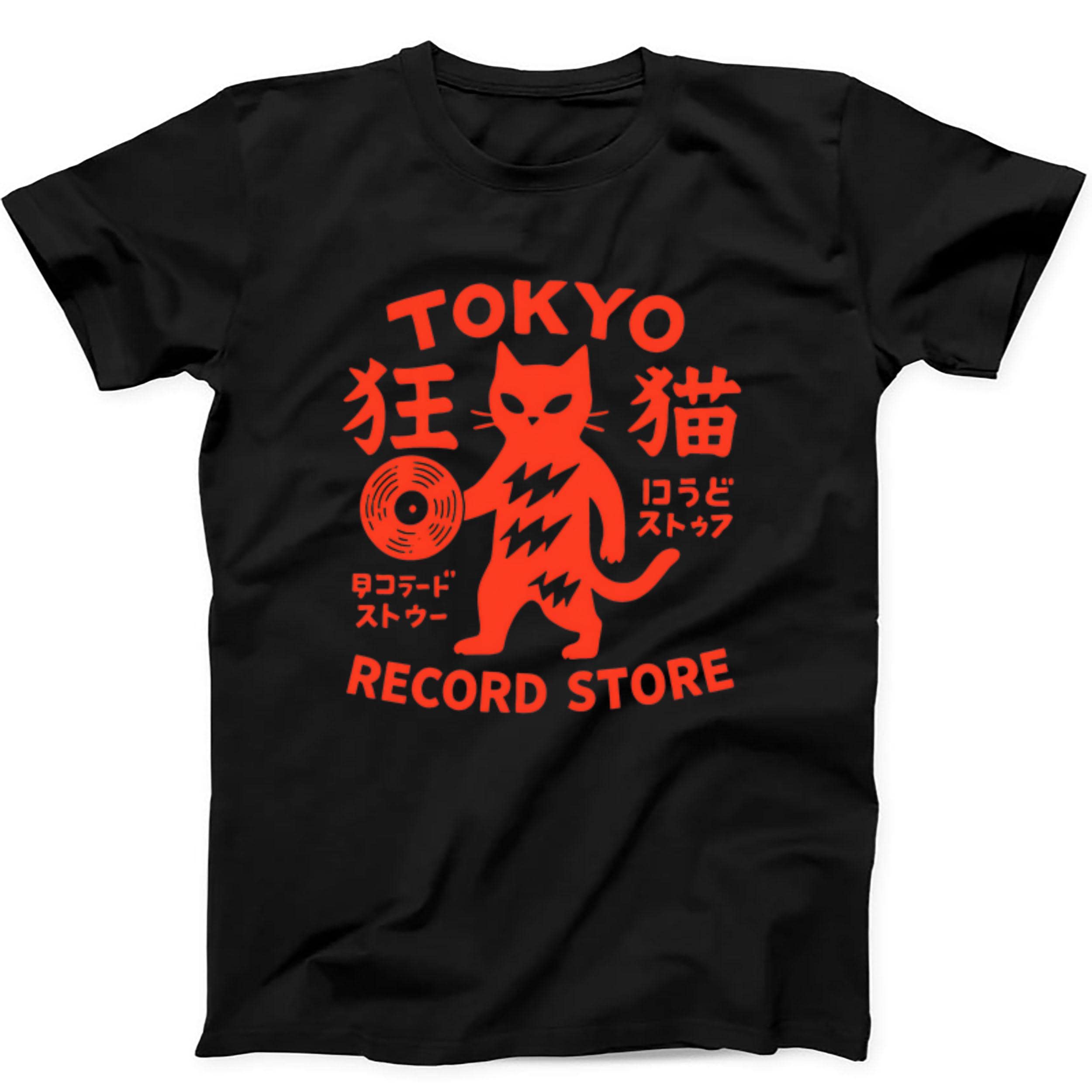 Tokyo Record Store Cat Vinyl Record Player Rock Dj Band Japan Japanese Drawing Art Super Cool Best Gift Top Black Tee  T Shirt 453