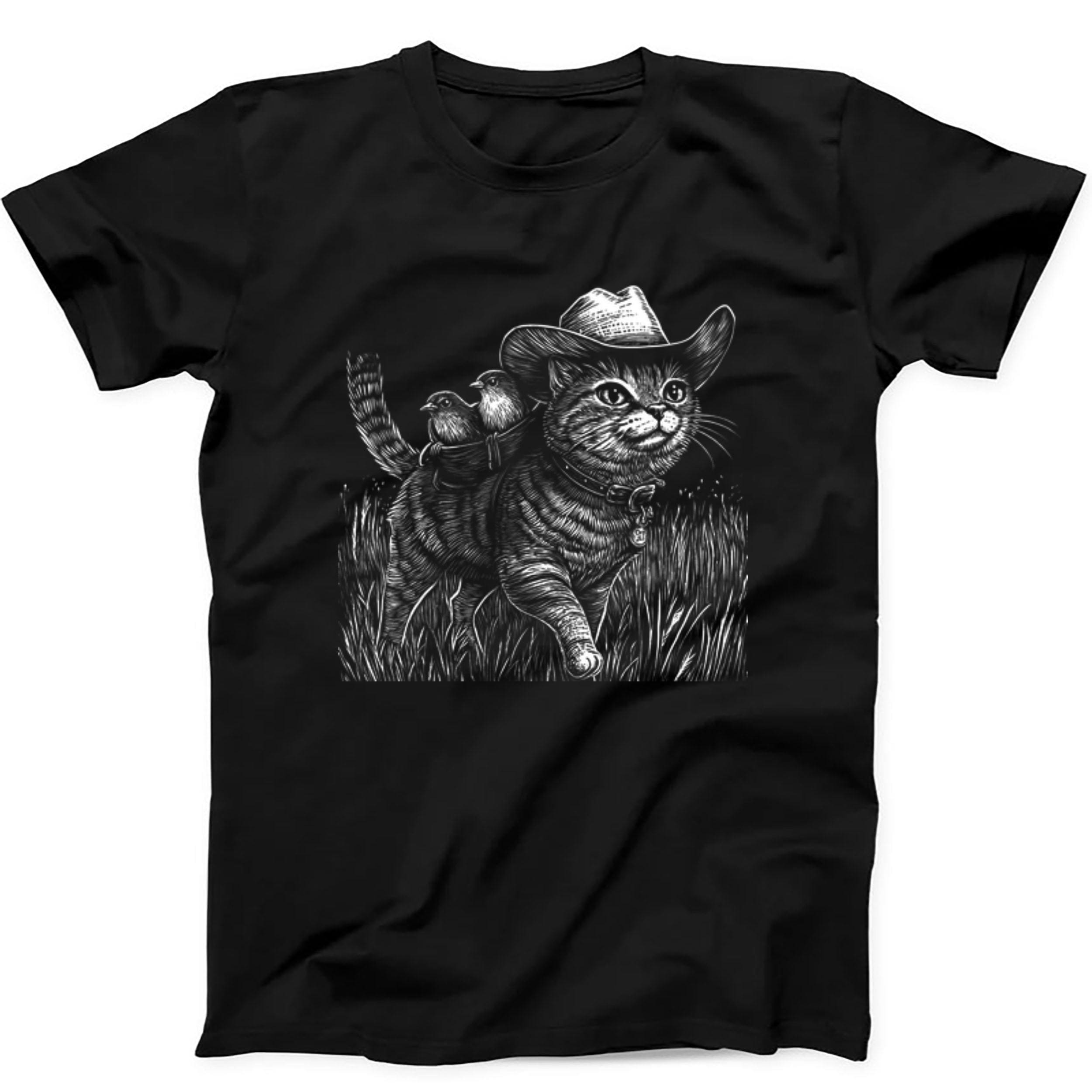Cowboy Black Cat Carrying Birds Western Weird Humorous Hilarious Witty Funny Gift Black T Shirt 399