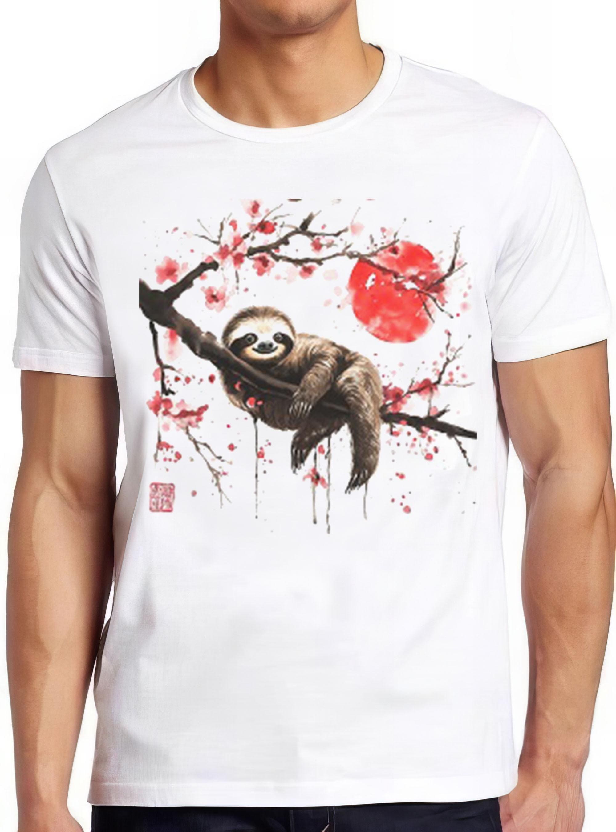 Sloth Red Sun Sakura Japanese Tree Cartoon Animal Manga Music Funny Art Drawing Gamer Anime Cult Meme Movie Gift Top Tee T Shirt 2362