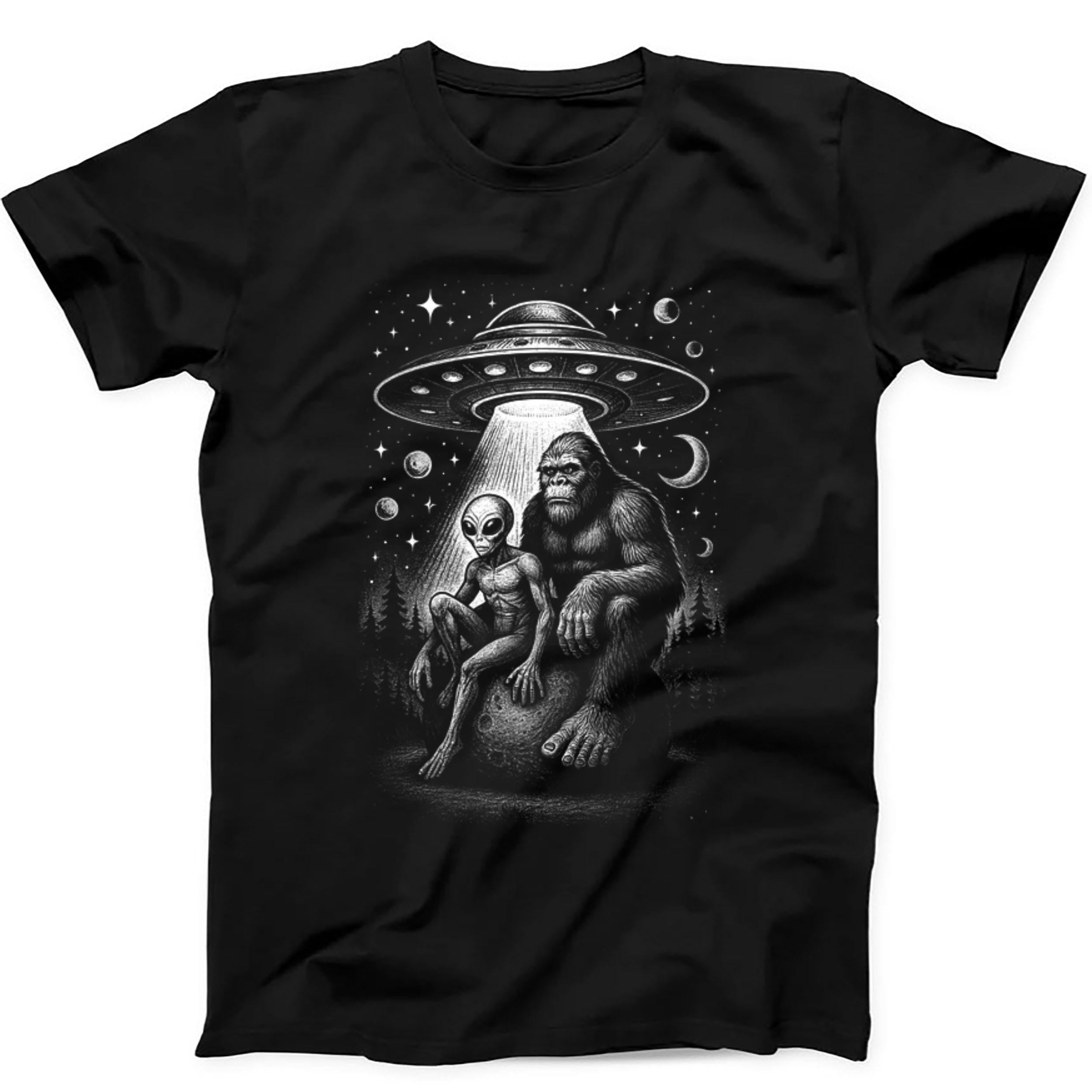 Bigfoot Alien And UFO in Forest Night Believe Funny Gift Black T Shirt 441