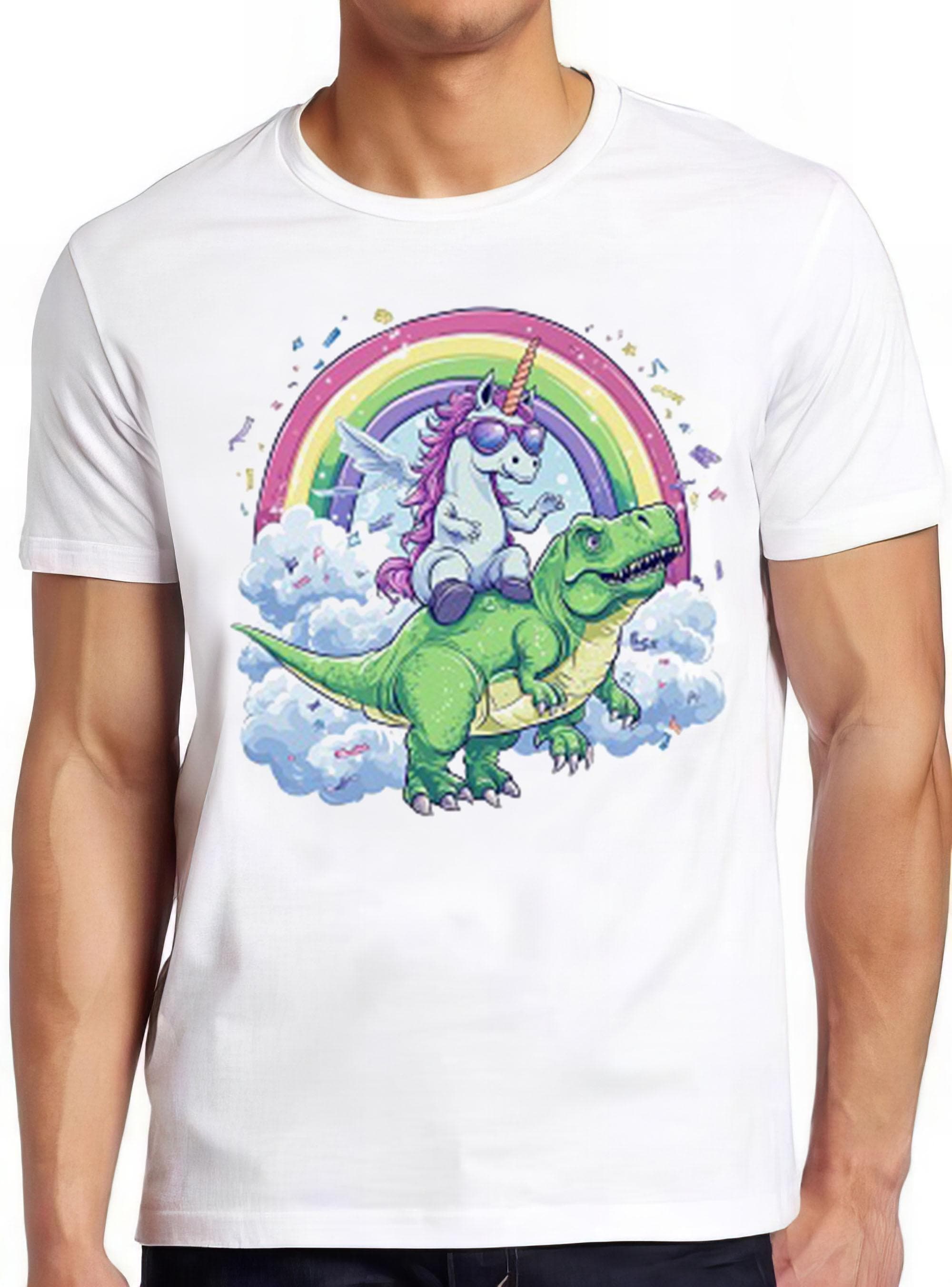 Unicorn Riding T-Rex Dinosaur Rainbow Art Funny Cool Gift Tee T Shirt 2305