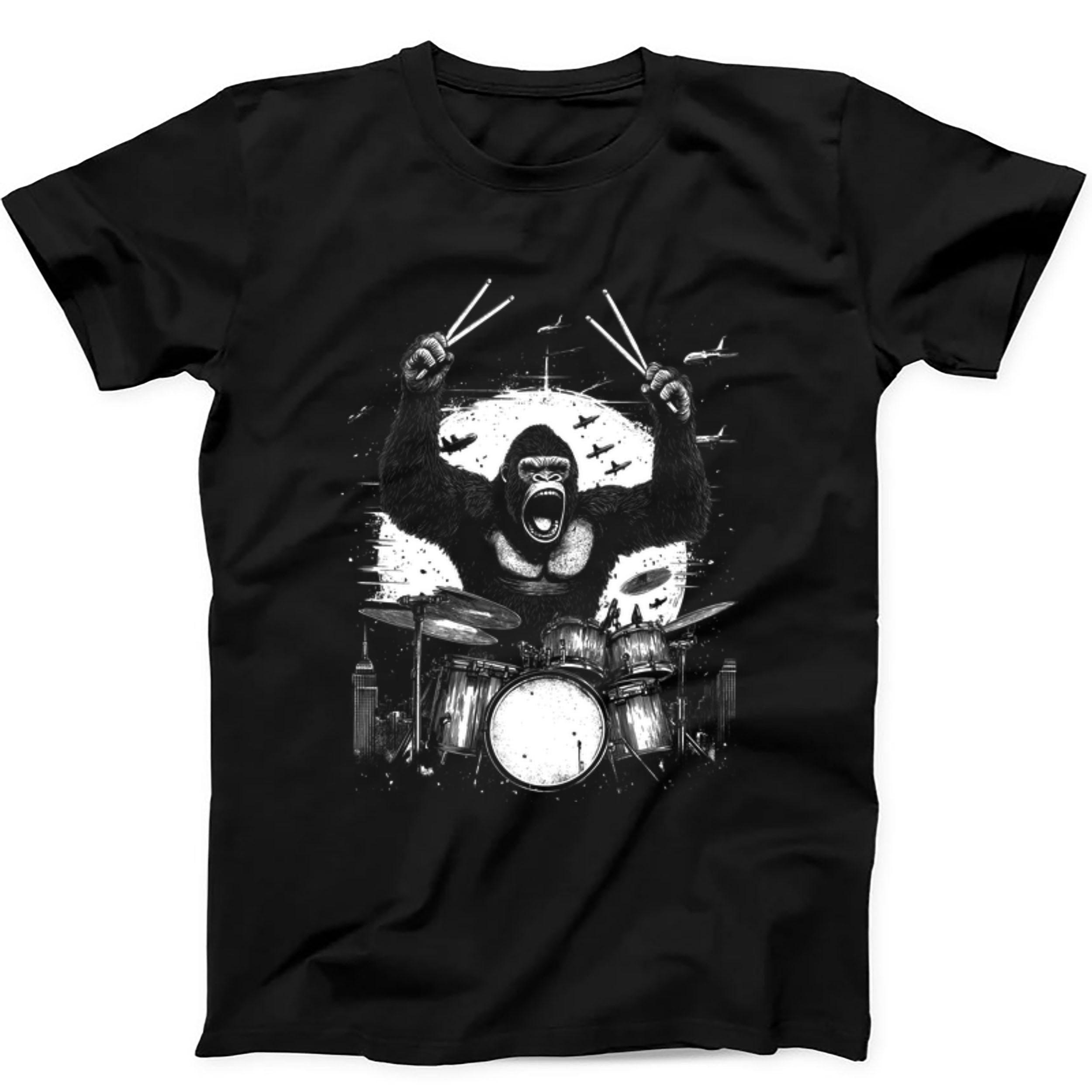 Monster Gorilla Drumming Drummer Drums Drum Guitar Rock Weird Humorous Hilarious Witty Funny Gift Black T Shirt 394