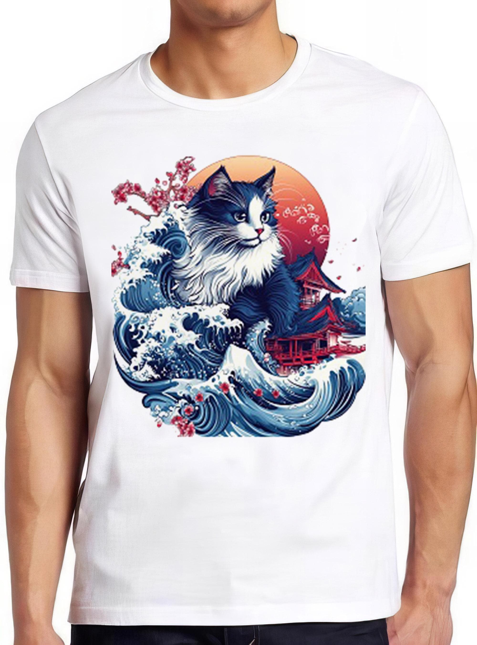 Cat The Great Wave Of Kanagawa Japanese Art Sun Cherry Blossoms Weird Humorous Hilarious Witty Funny Music Gift Tee T Shirt 2411