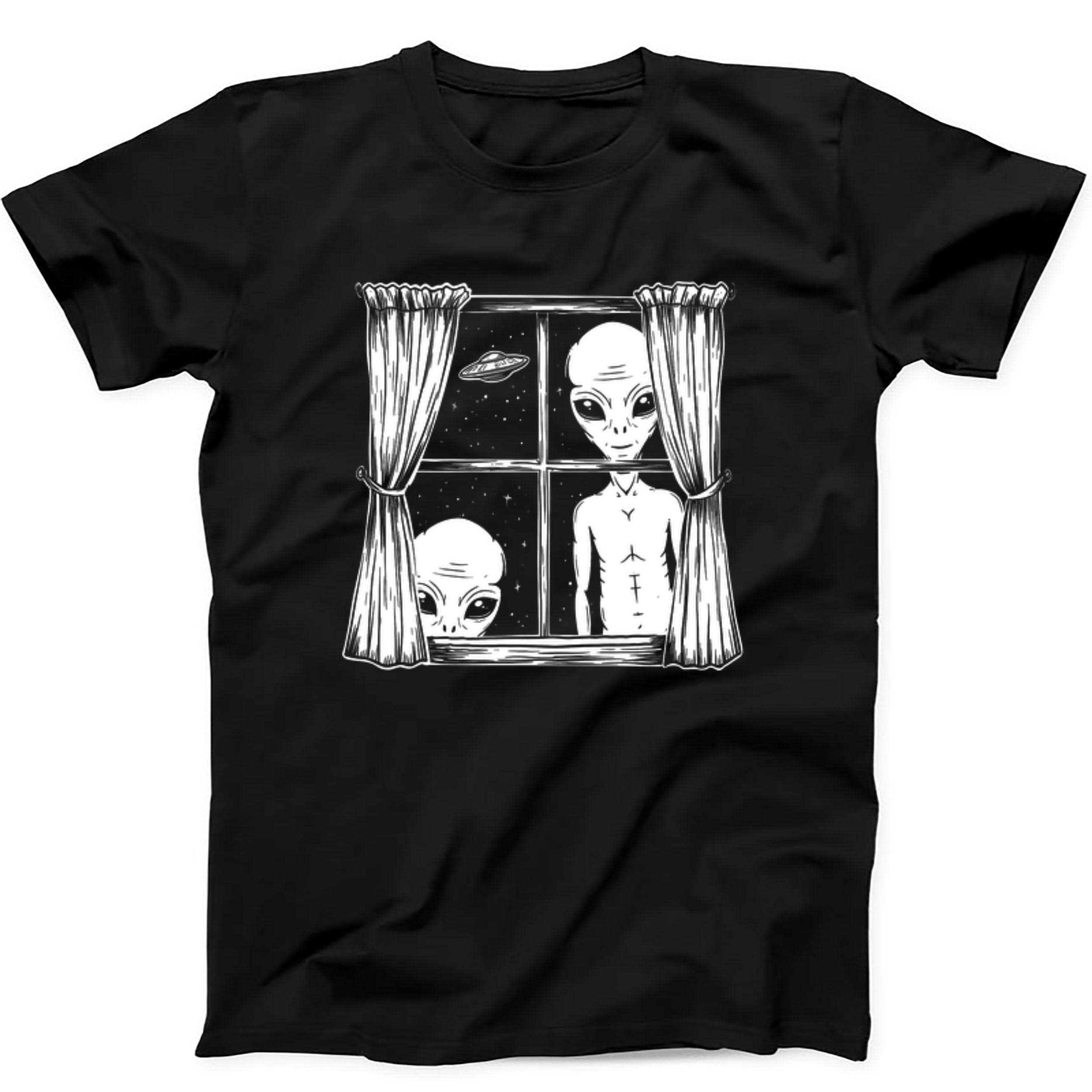 Aliens In Window Ufo Area 51 Roswell Weird Humorous Hilarious Witty Funny Gift Black T Shirt 397