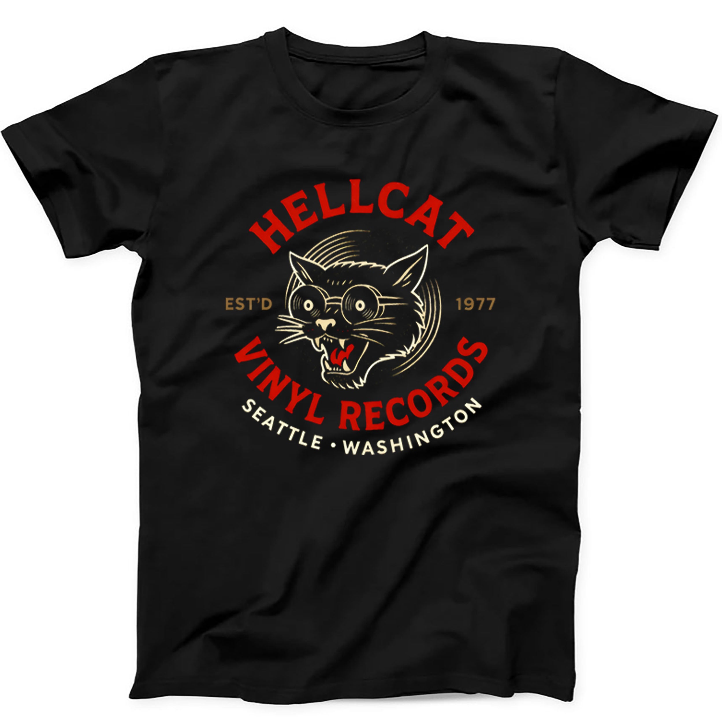 Vinyl Records Seattle Record Store Music Cat Hellcat Gift Tee Black T Shirt 624
