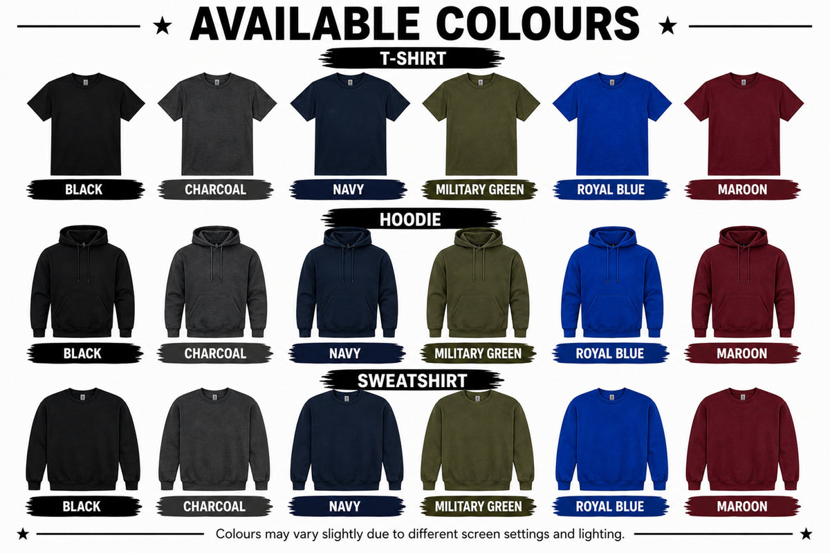 a collection of T-shirts in various colors, including black, charcoal, navy, military green, royal blue, maroon, and sweatshirt.