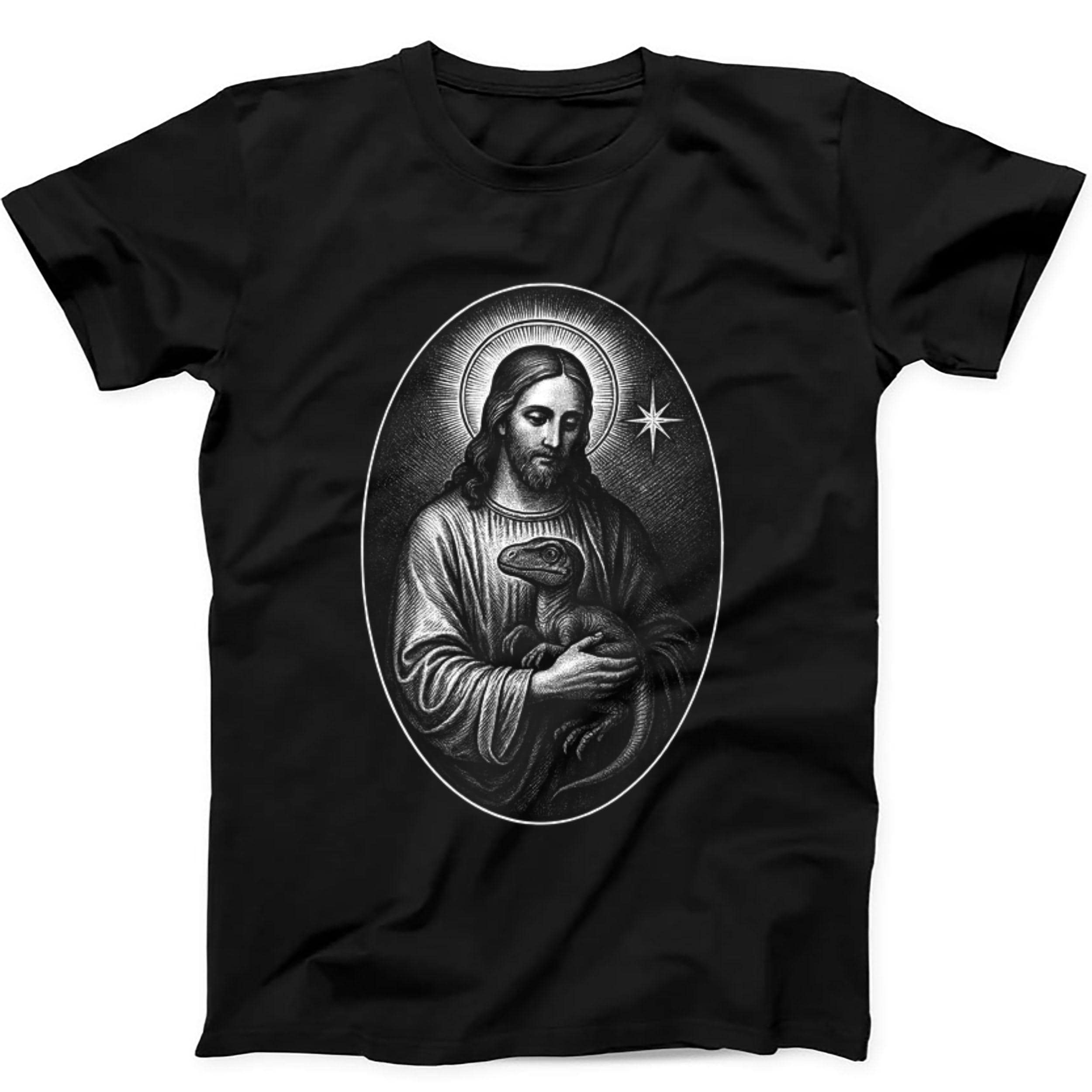 Raptor Jesus Holding Dinosaur Christian Unusual Humorous Hilarious Witty Humor Funny Meme Gift Tee Gamer Cult Music Black T Shirt 464