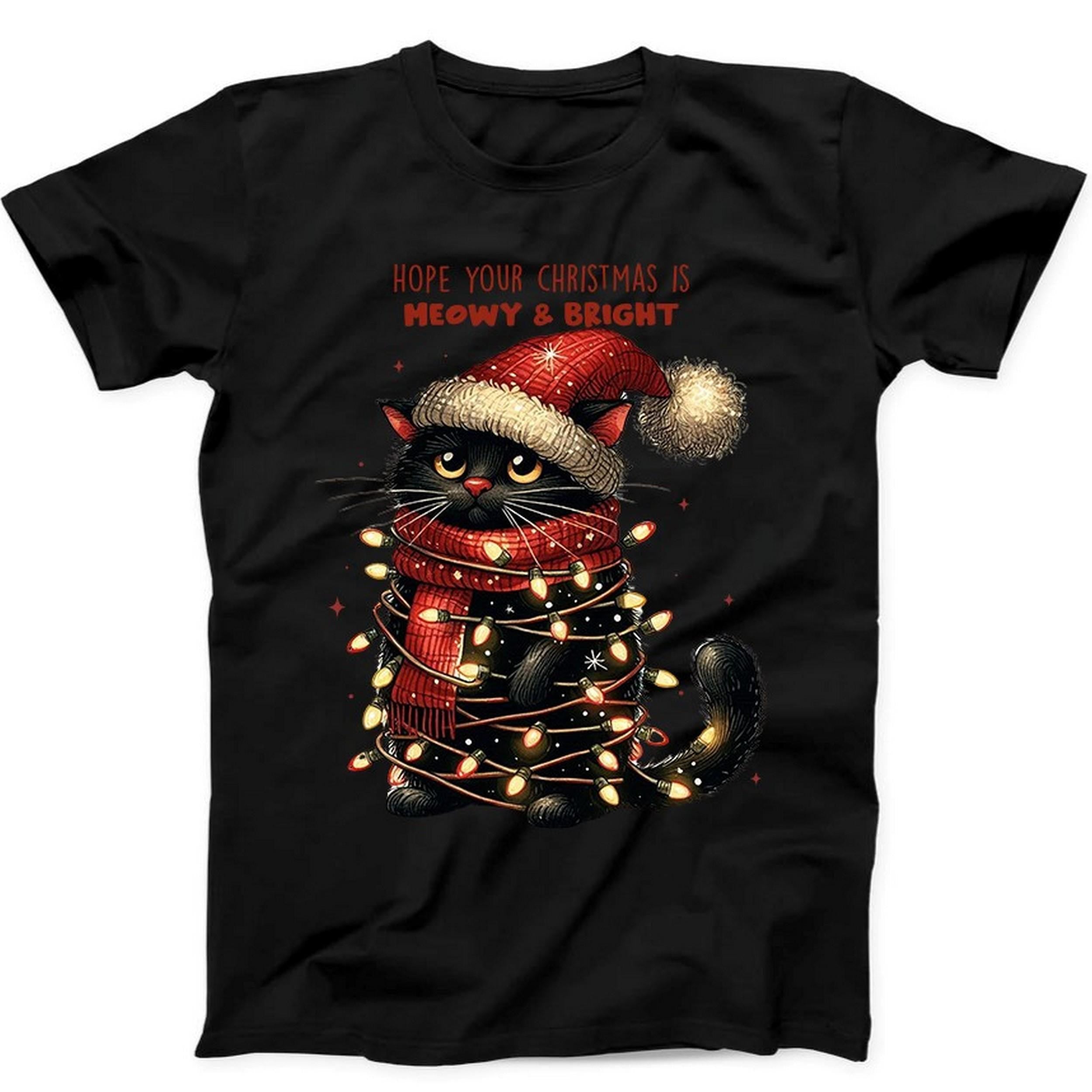 Christmas Lights Black Cat Santa Meowy Bright Funny Gift Black T Shirt B239