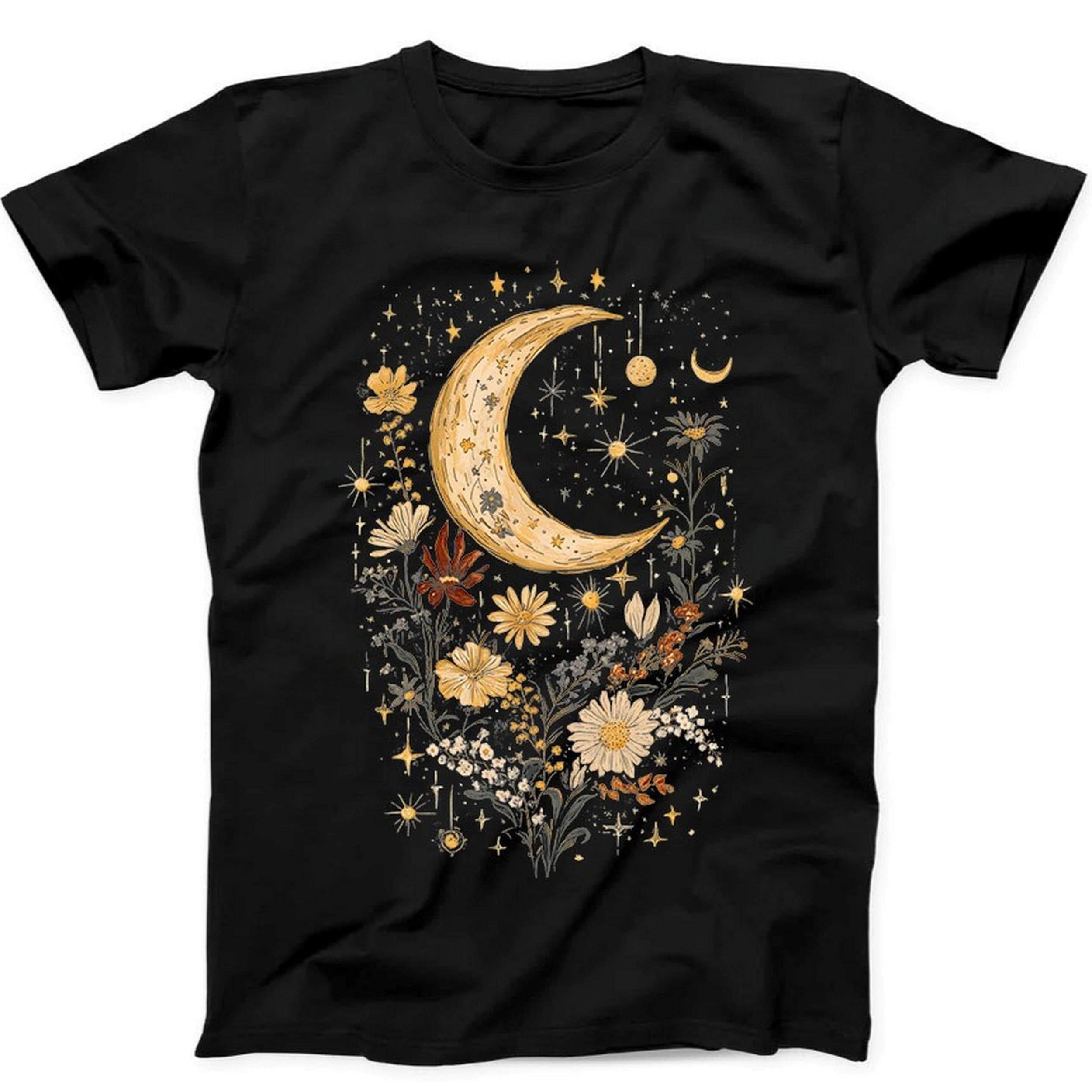 Celestial Moon Boho Flowers Best Seller Funny Gift Black Tee T Shirt B362