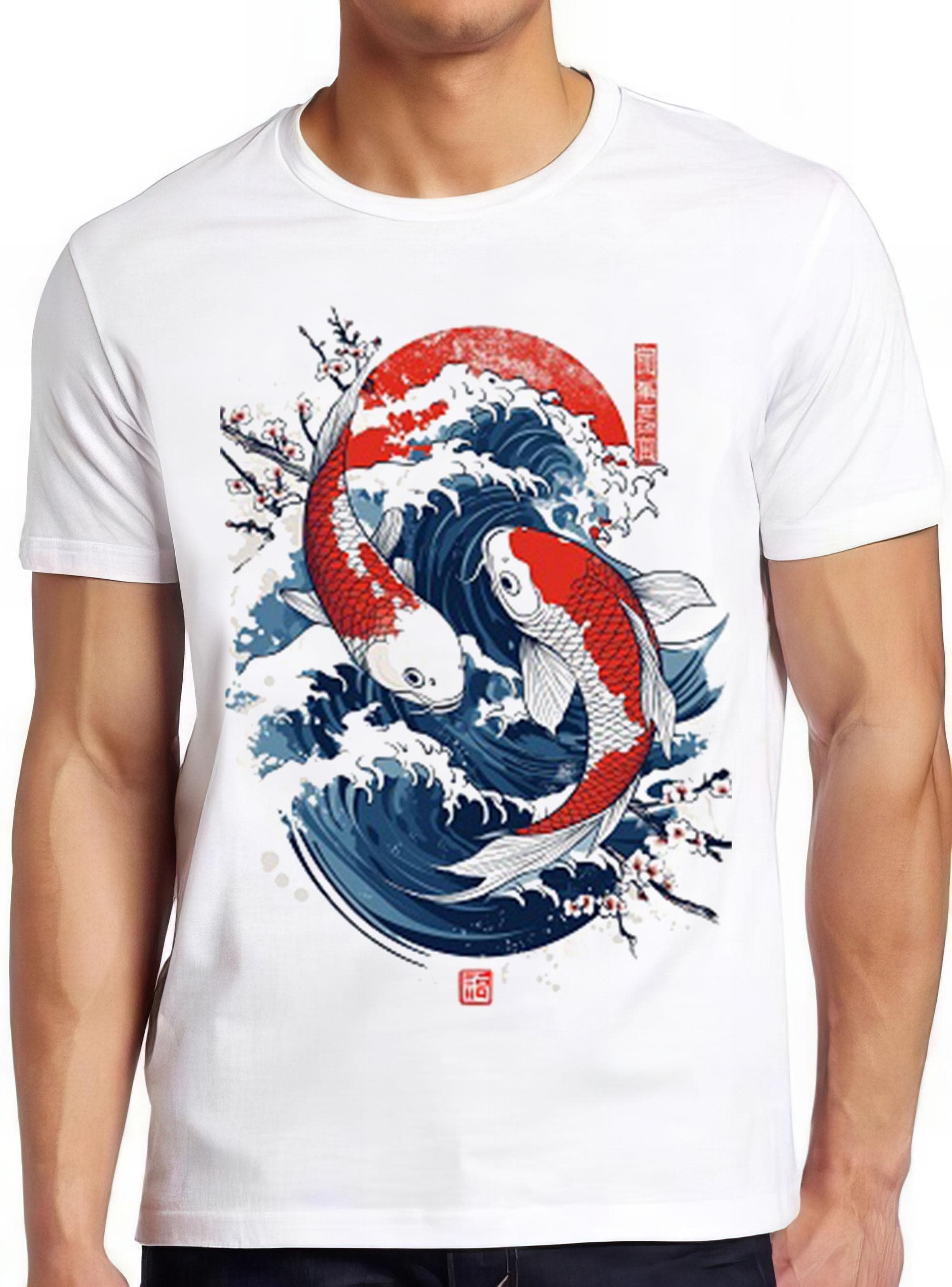 Yin Yang The Great Wave Off Koi Fish Cherry Blossoms Japanese Calligraphy Art Drawing Gamer Cult Meme Movie Music Cool Gift Tee T Shirt 2435