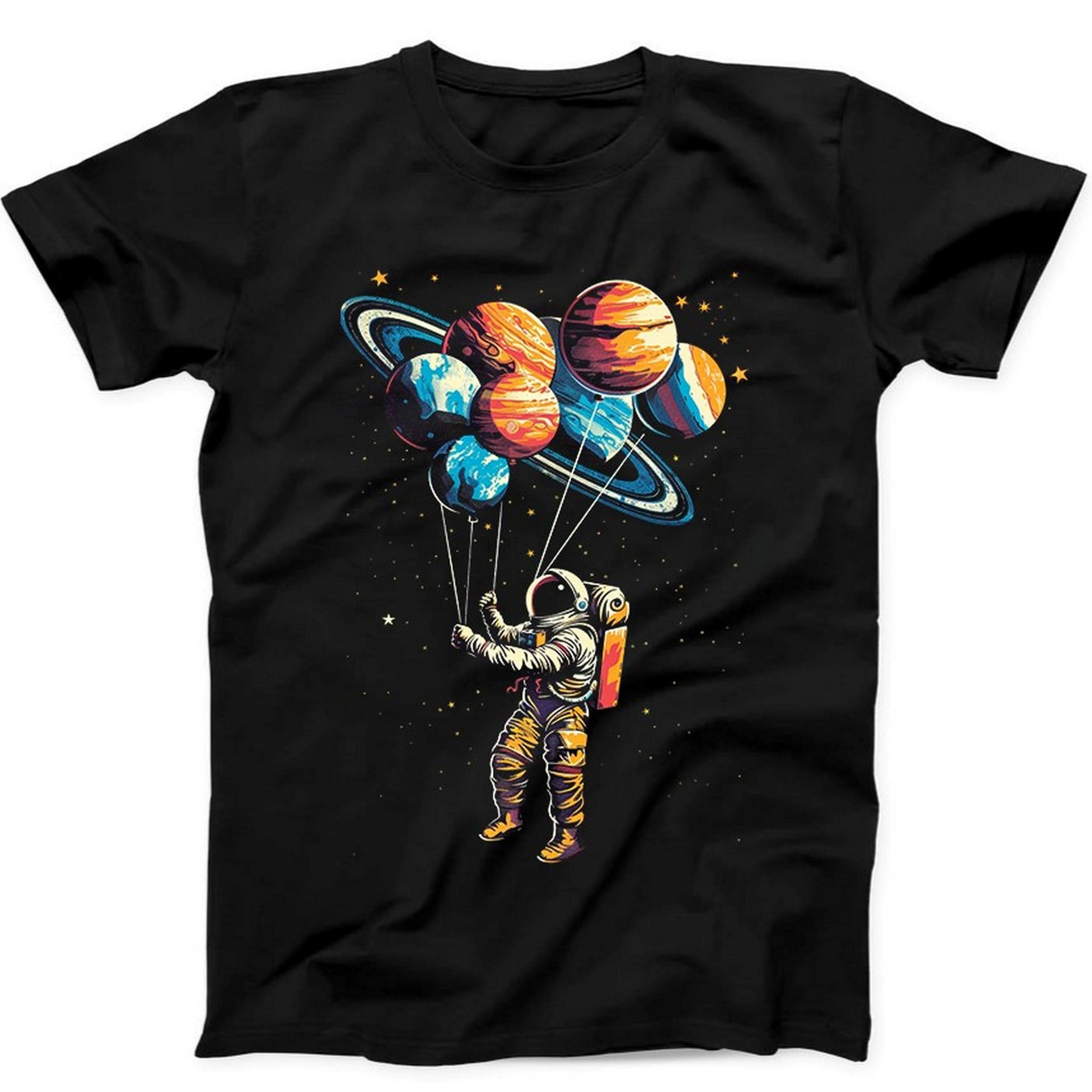 Astronaut in Space Planets Balloons Solar System Funny Gift Black T Shirt B238