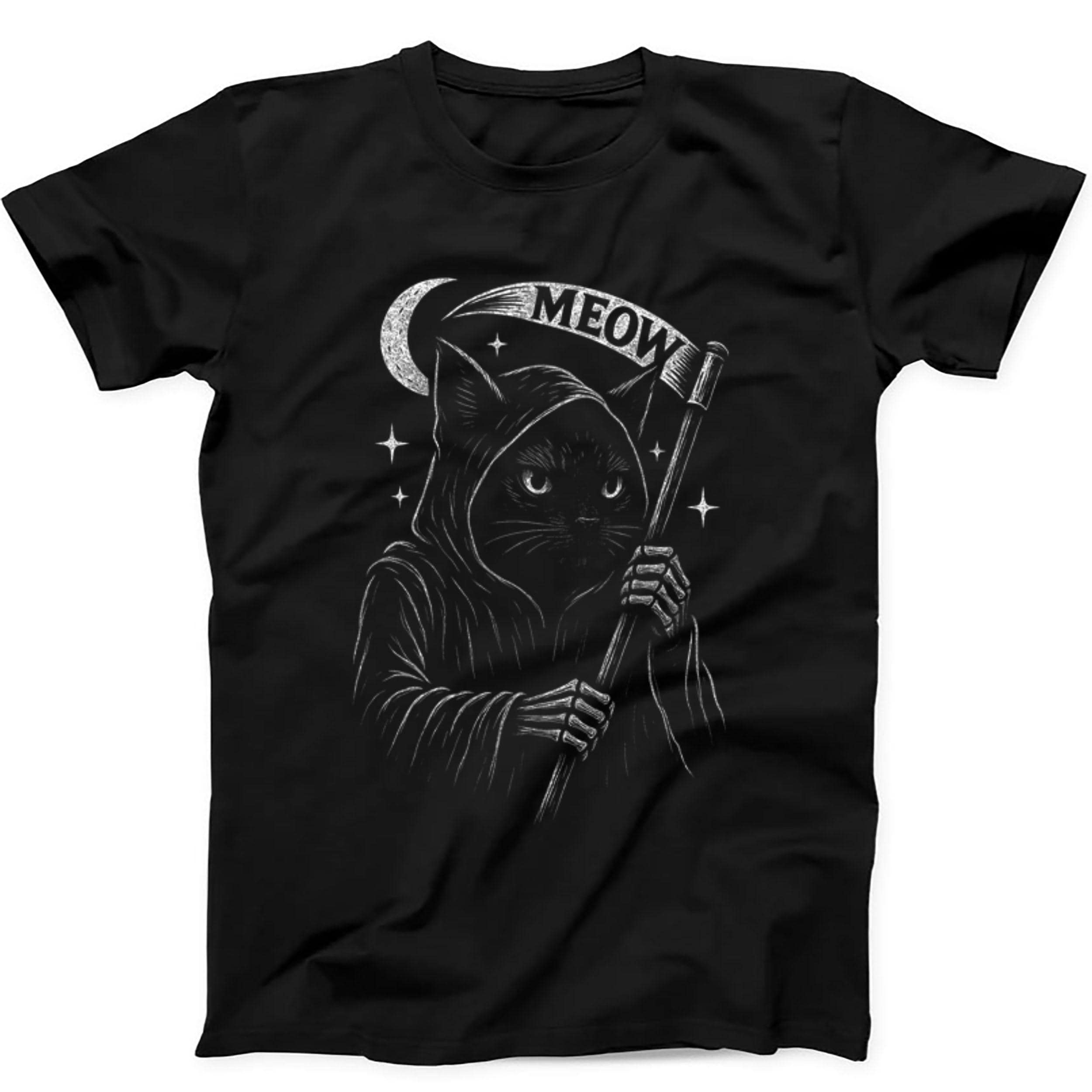 Grim Reaper Cat Kitten Meow Saying Halloween Funny Gift Black Tee T Shirt 497