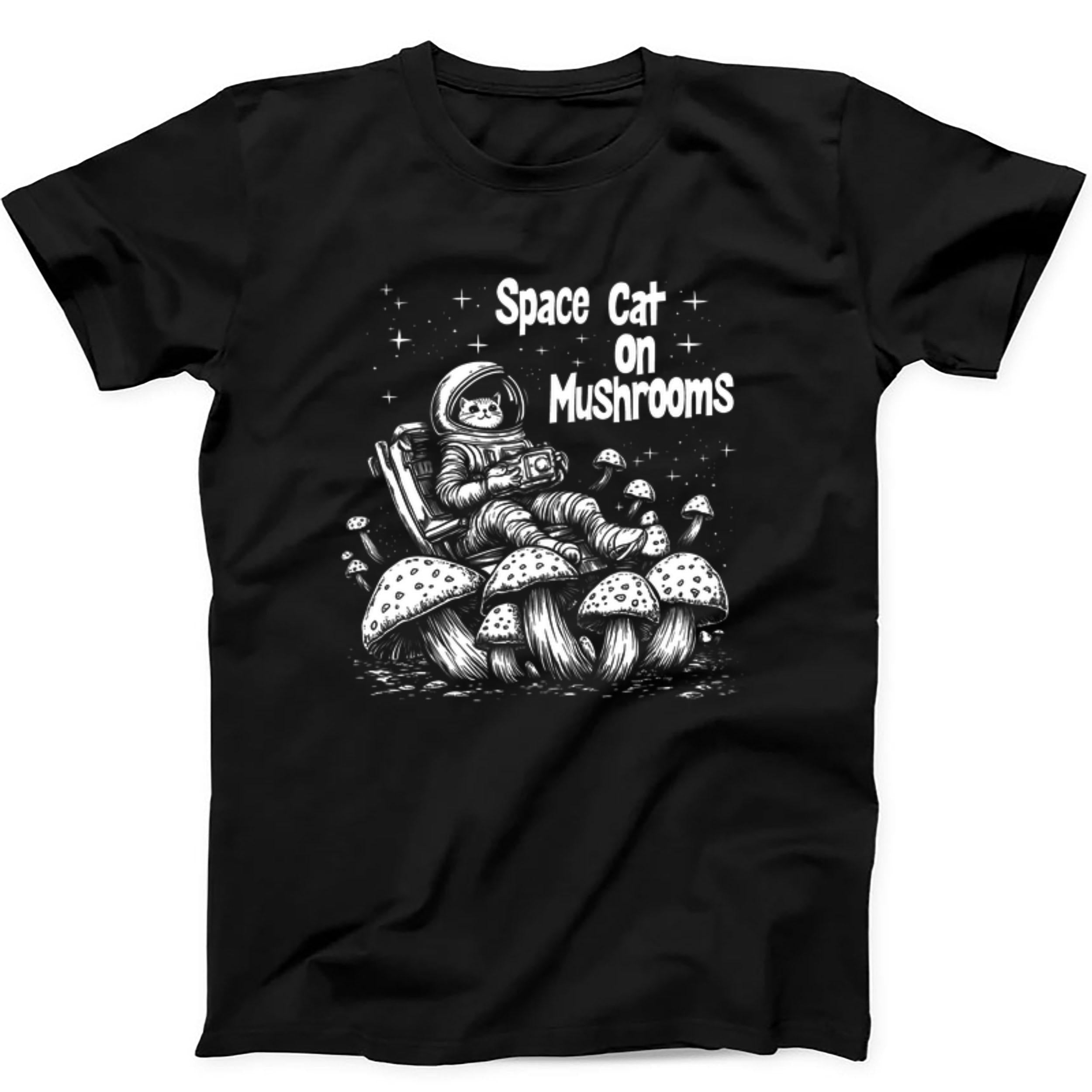 Space Cat on Mushrooms Weird Humorous Hilarious Witty Funny Gift Black T Shirt 392