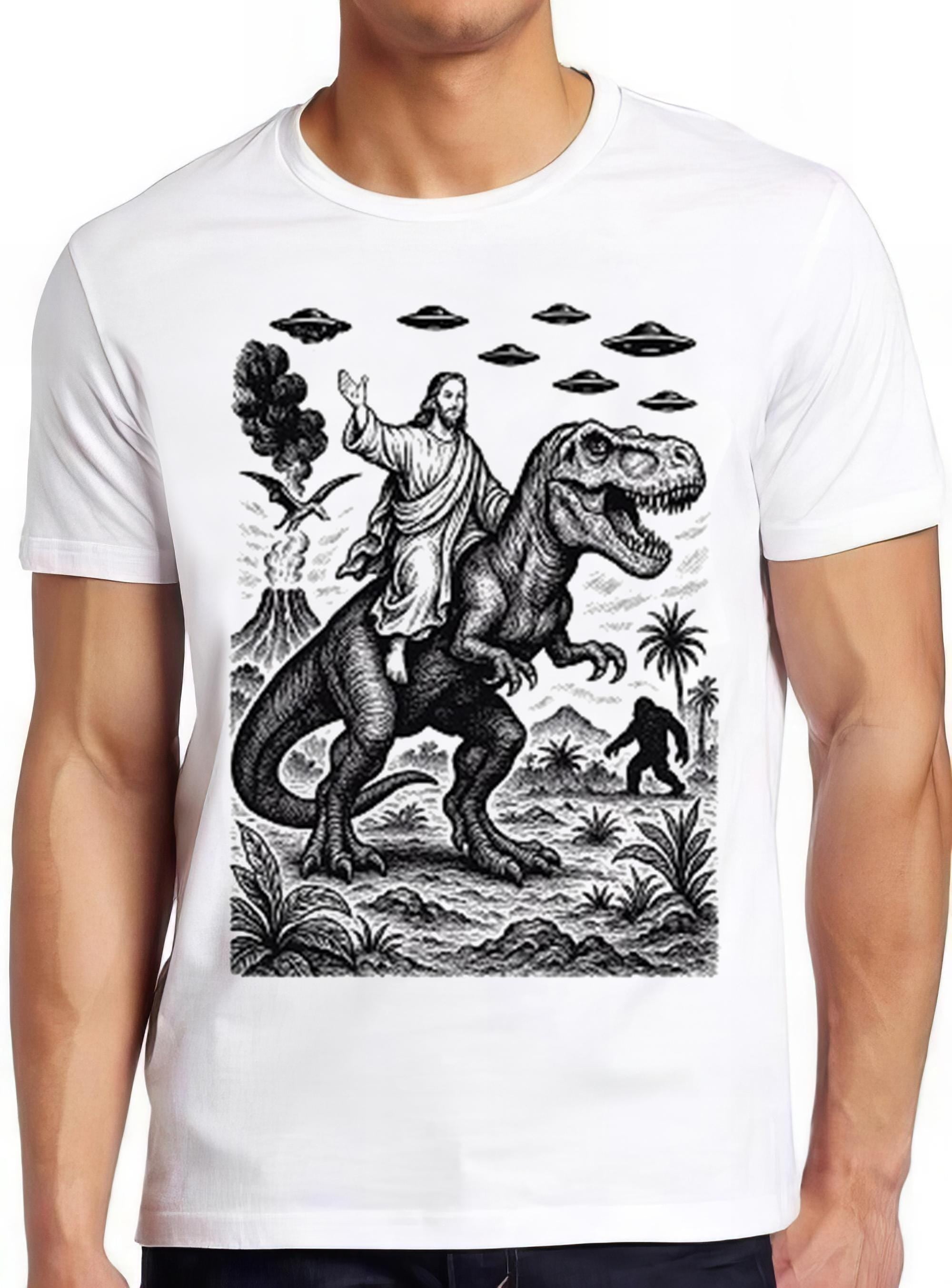 Jesus Riding Dinosaur UFO Bigfoot Volcano Sketch Weird Humorous Hilarious Witty Funny Music Gift Tee T Shirt 2611