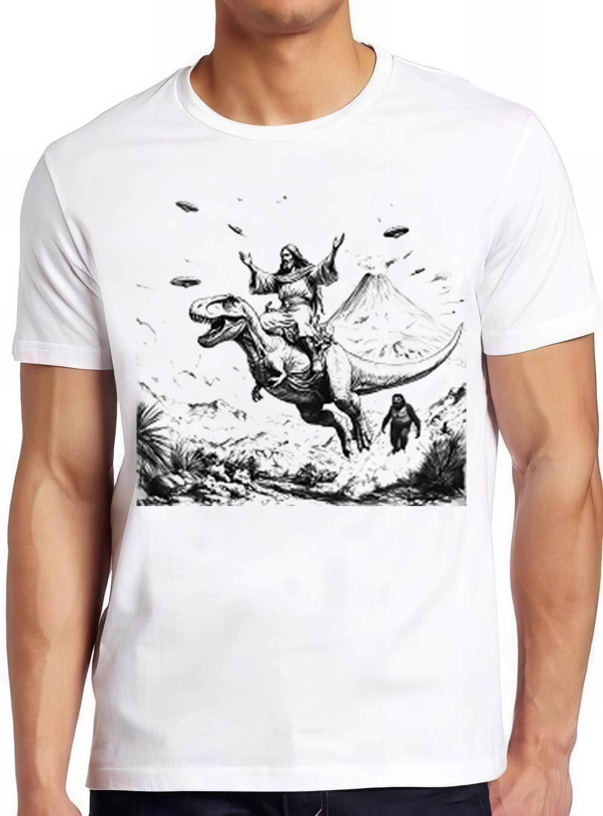Jesus Riding Dinosaur UFO Bigfoot Volcano Sketch Weird Humorous Hilarious Witty Funny Music Gift Tee T Shirt 2245
